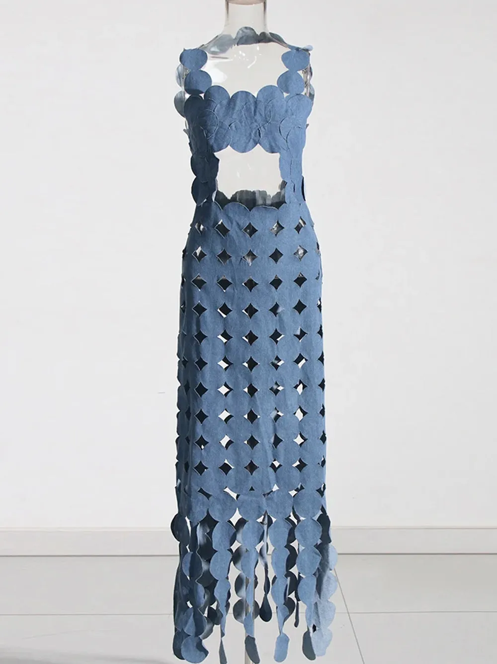 CERA Appliqué Fringe Maxi Dress in Denim