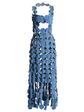 CERA Appliqué Fringe Maxi Dress in Denim