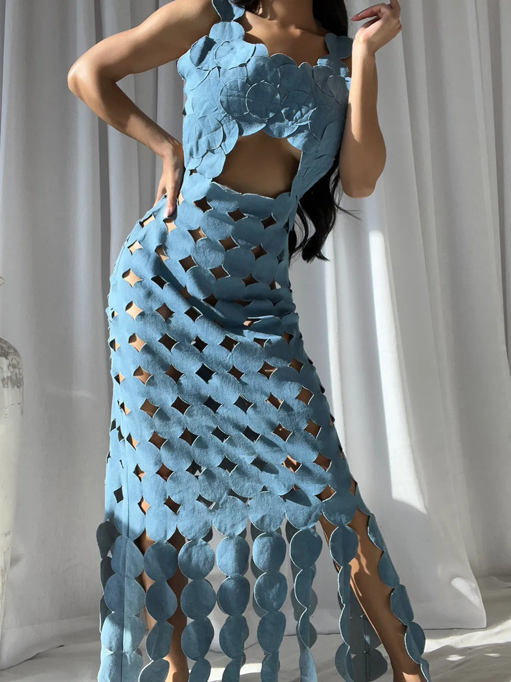 CERA Appliqué Fringe Maxi Dress in Denim