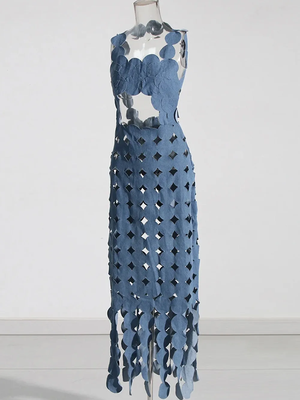 CERA Appliqué Fringe Maxi Dress in Denim