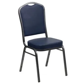 Club Series Crown Back Stacking Chair with Navy Blue Vinyl Fabric Silver Vein Frame