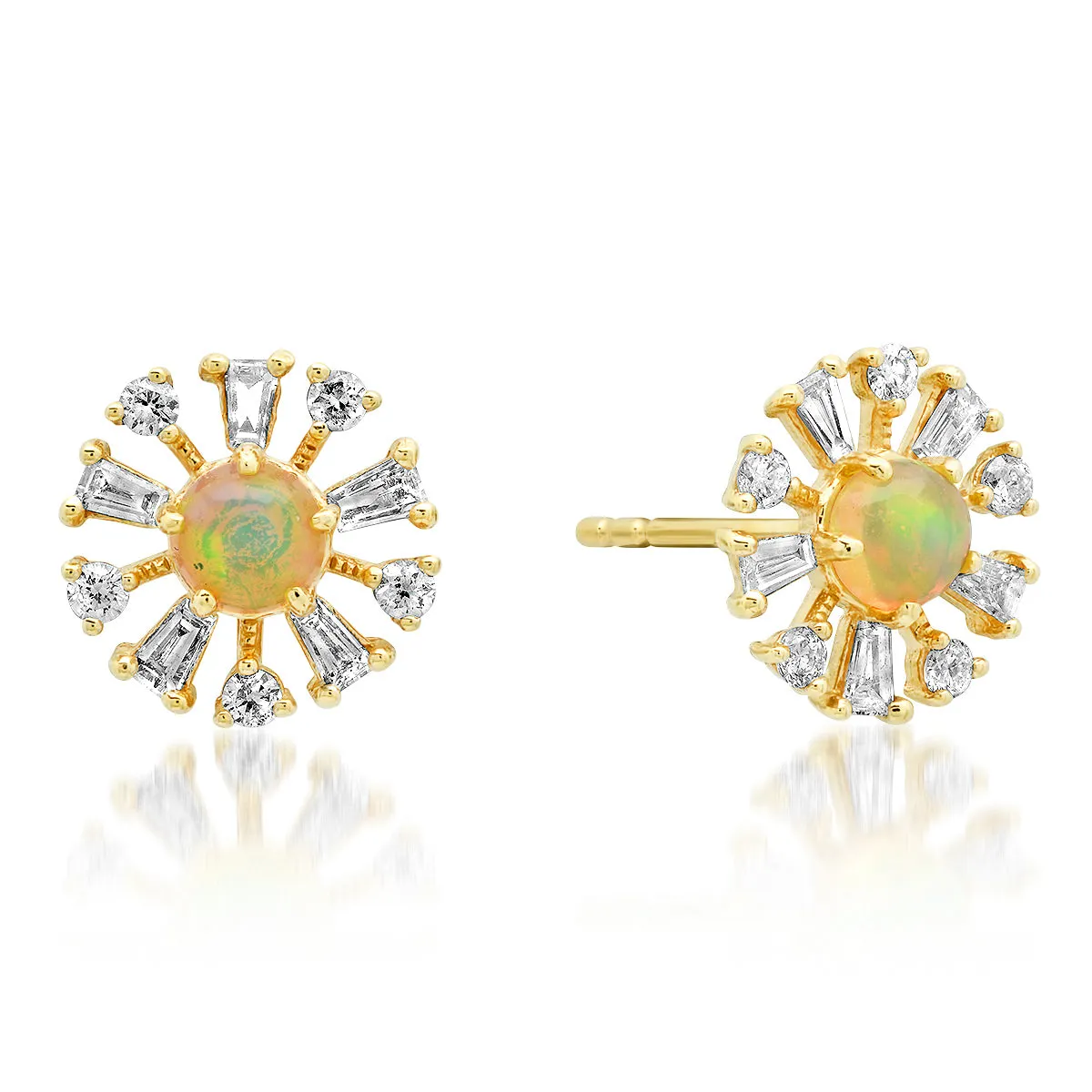 Diamond Baguette & Opal Daisy Flower Stud Earrings