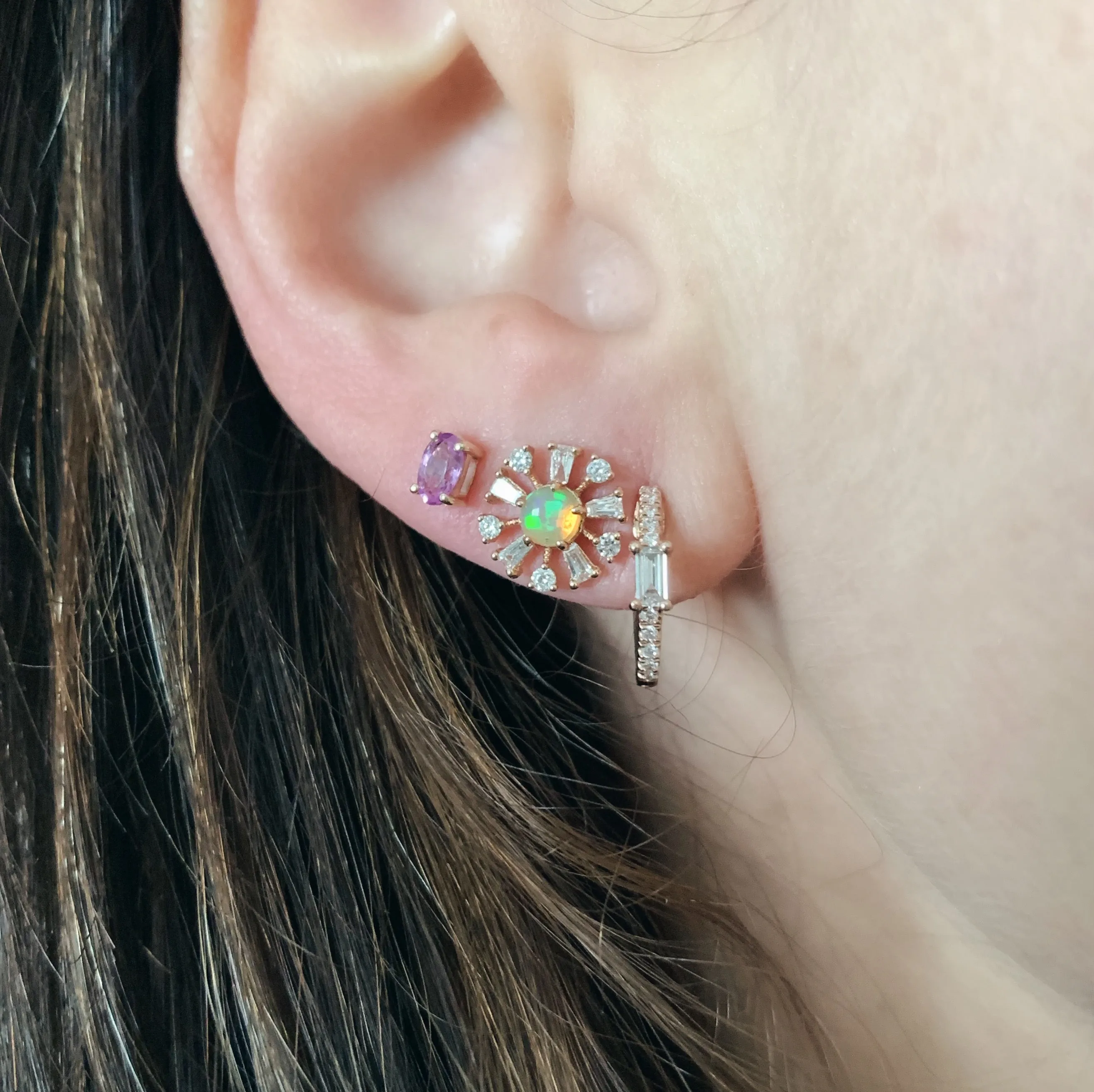 Diamond Baguette & Opal Daisy Flower Stud Earrings