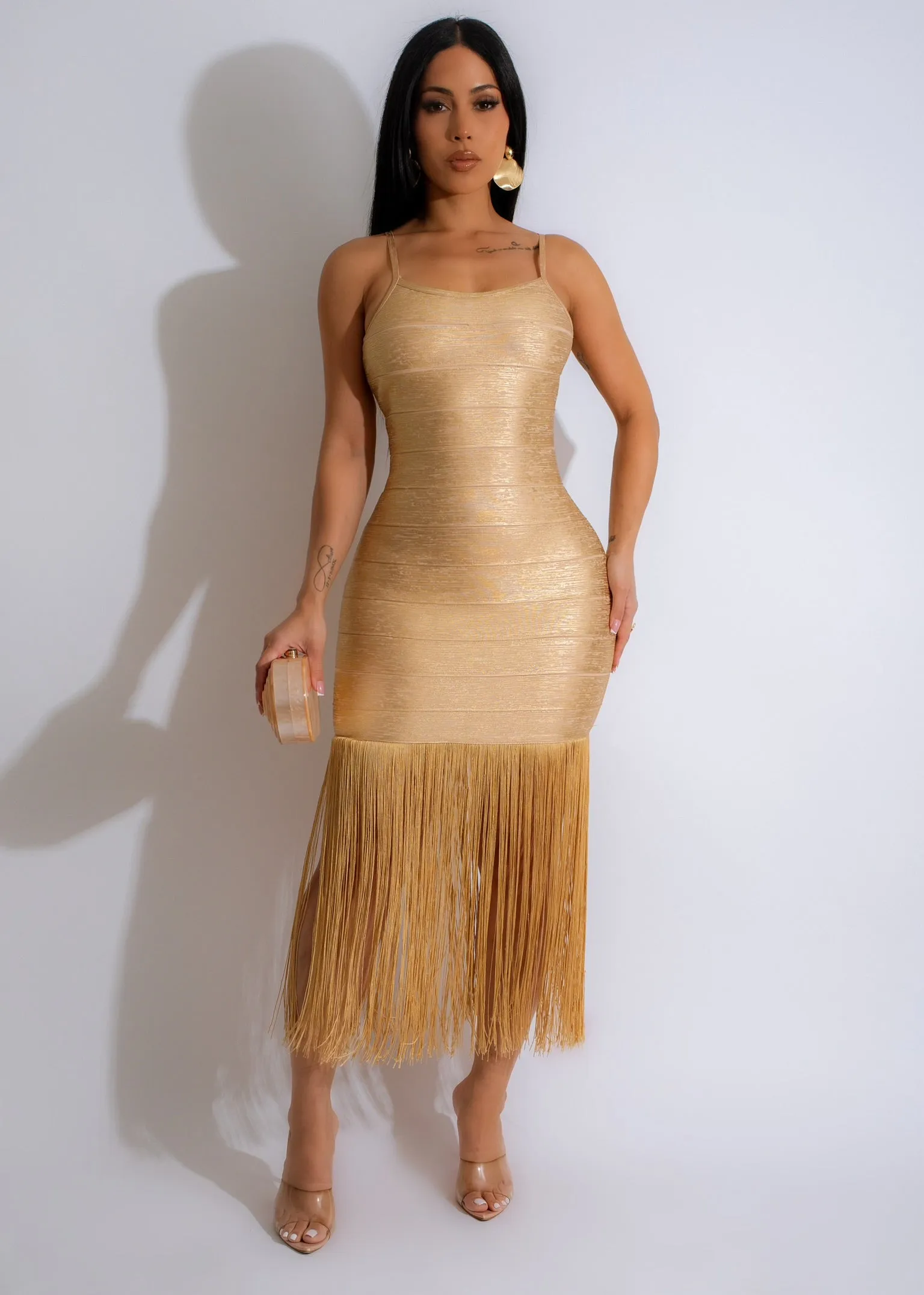 Elegance Metallic Bandage Fringe Midi Dress Gold