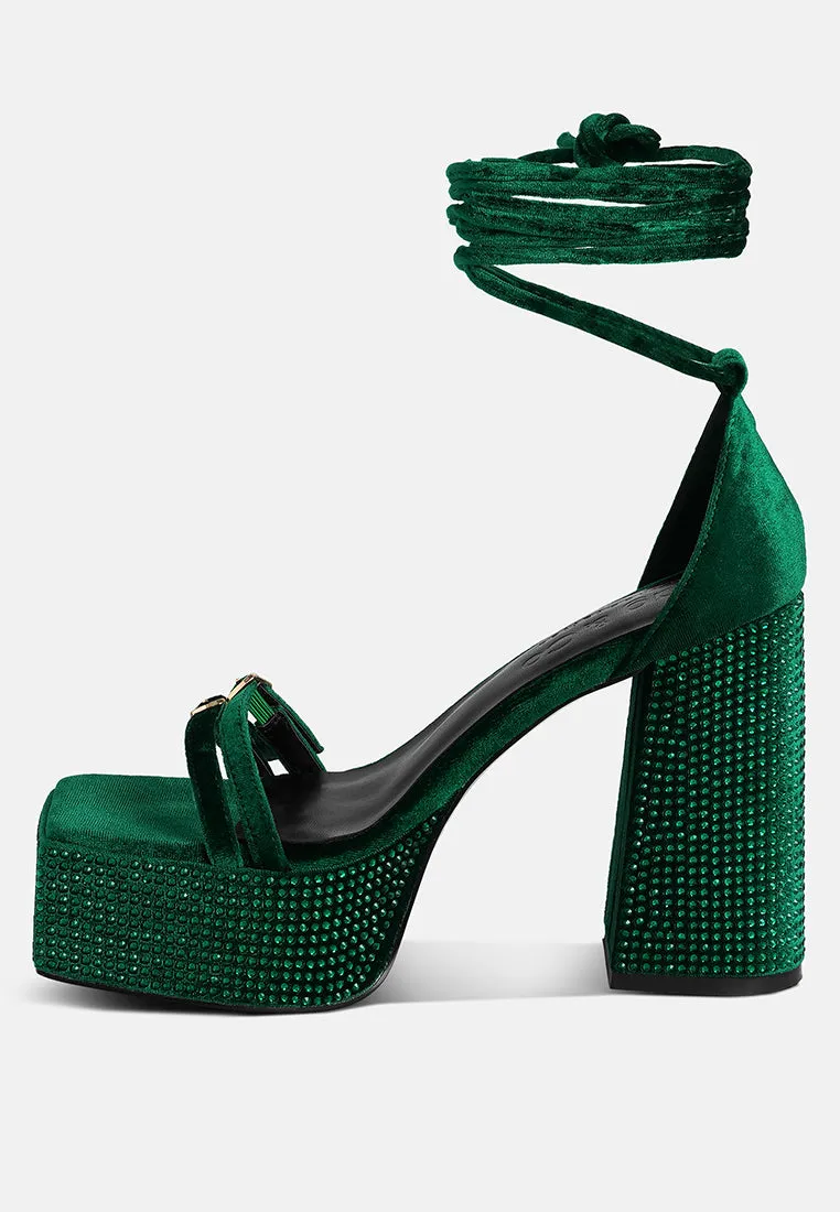 FIRECROWN Green Rhinestone Platform High Block Sandals