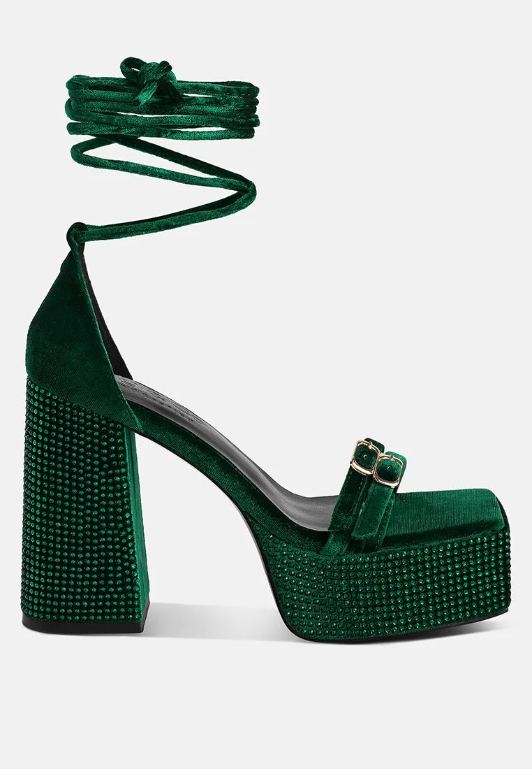 FIRECROWN Green Rhinestone Platform High Block Sandals