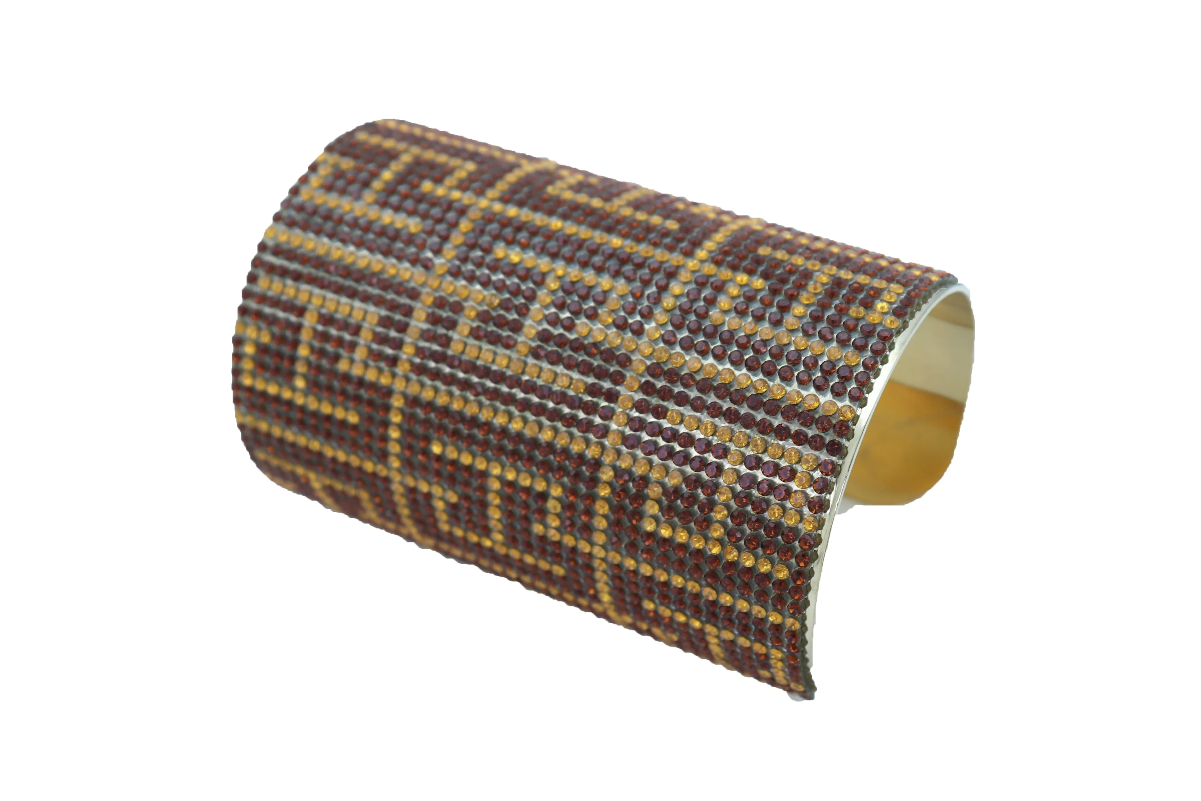 Gold Metal with Brown Geometric Pattern Long Cuff Bracelet