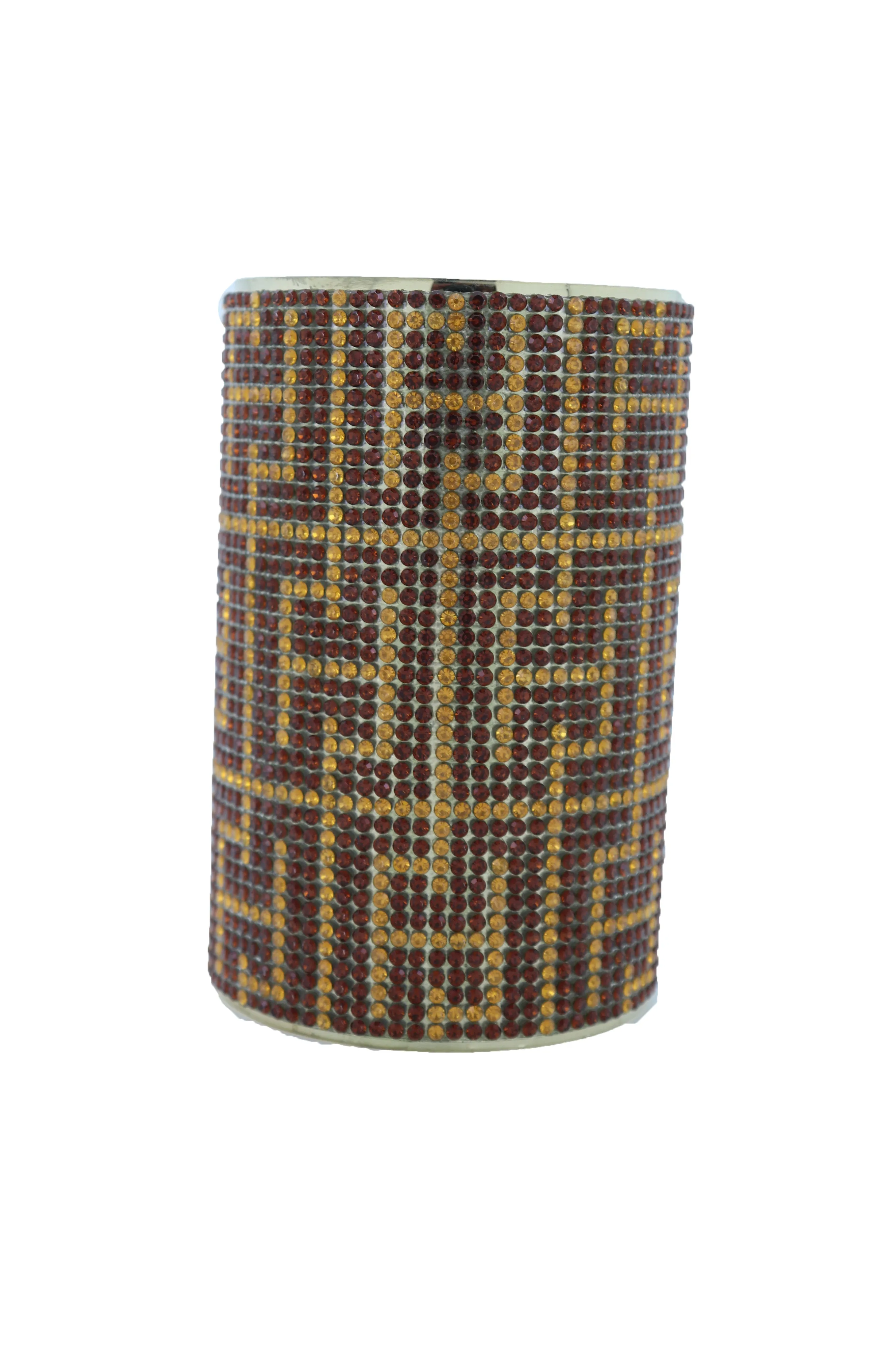 Gold Metal with Brown Geometric Pattern Long Cuff Bracelet