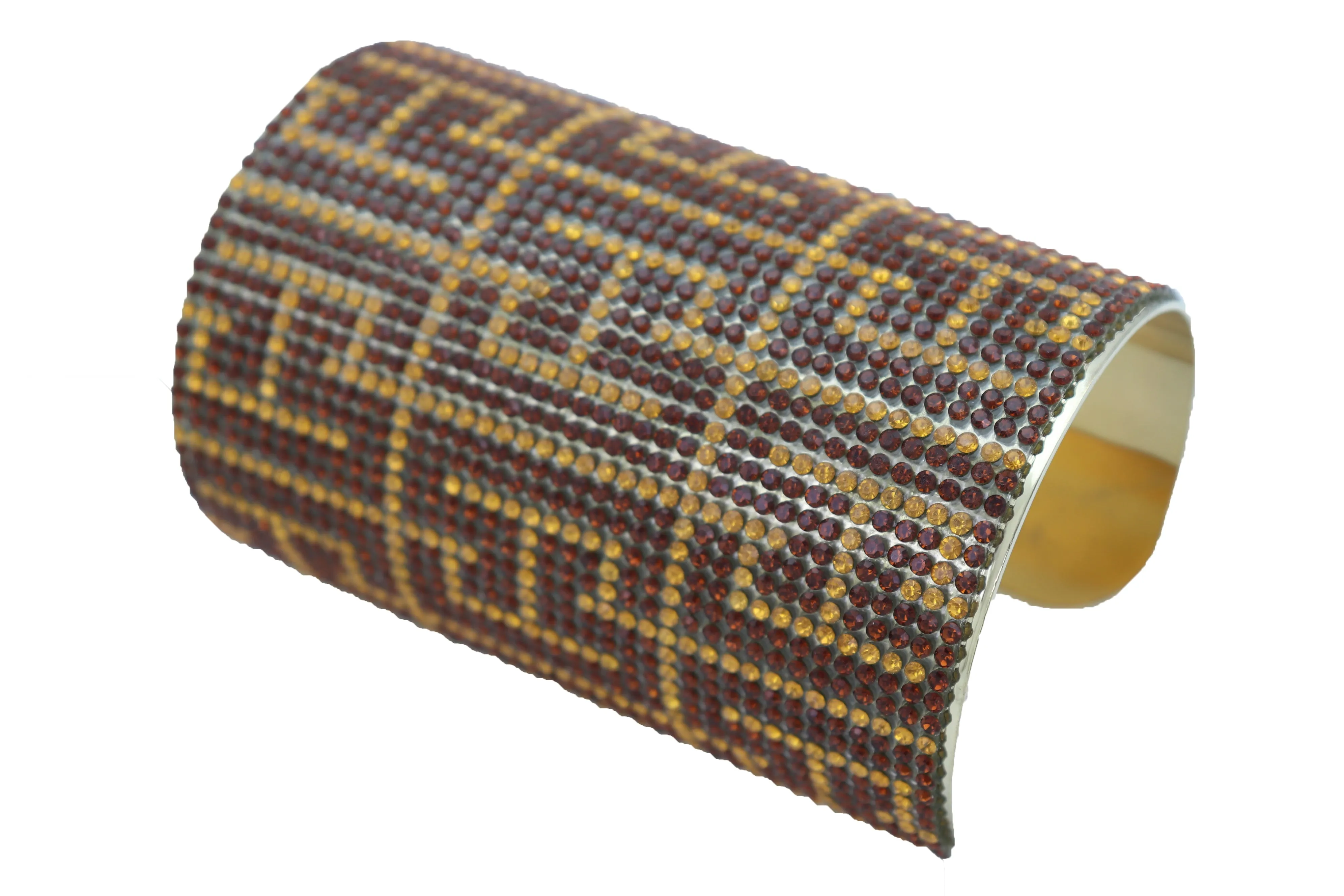 Gold Metal with Brown Geometric Pattern Long Cuff Bracelet