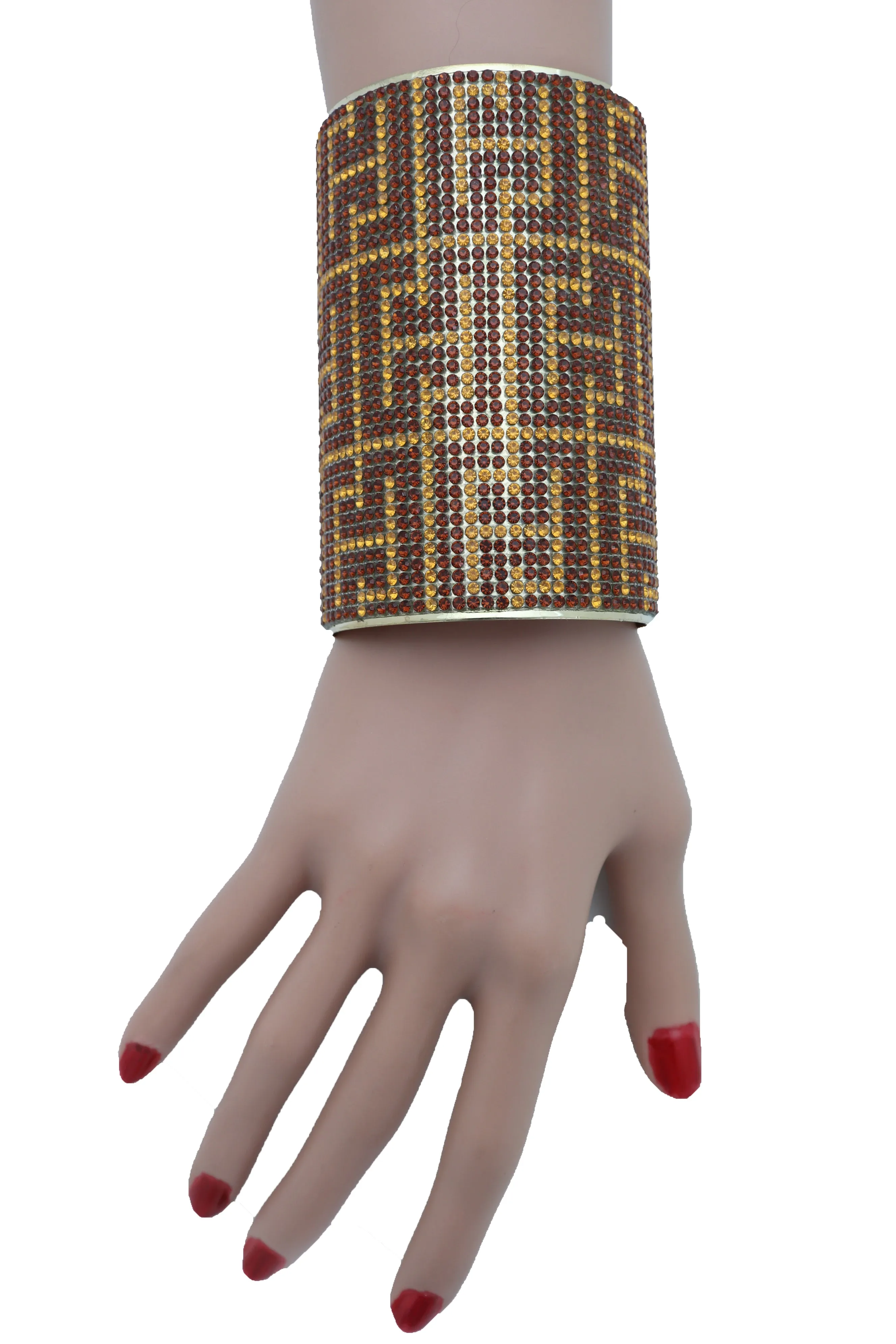 Gold Metal with Brown Geometric Pattern Long Cuff Bracelet