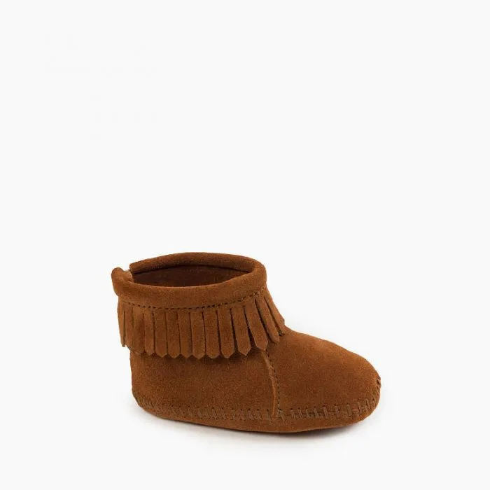 Minnetonka® Infant Velcro Back Fringed Leather Bootie Moccasins