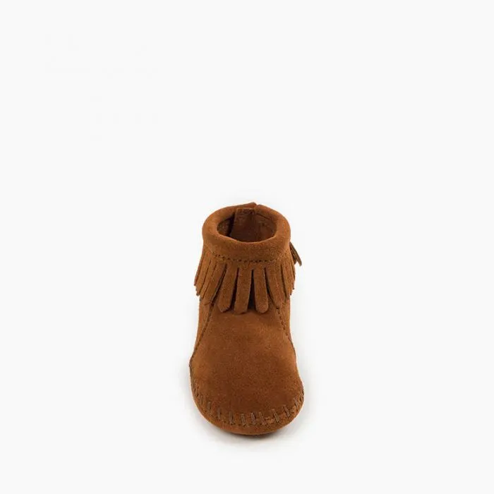 Minnetonka® Infant Velcro Back Fringed Leather Bootie Moccasins