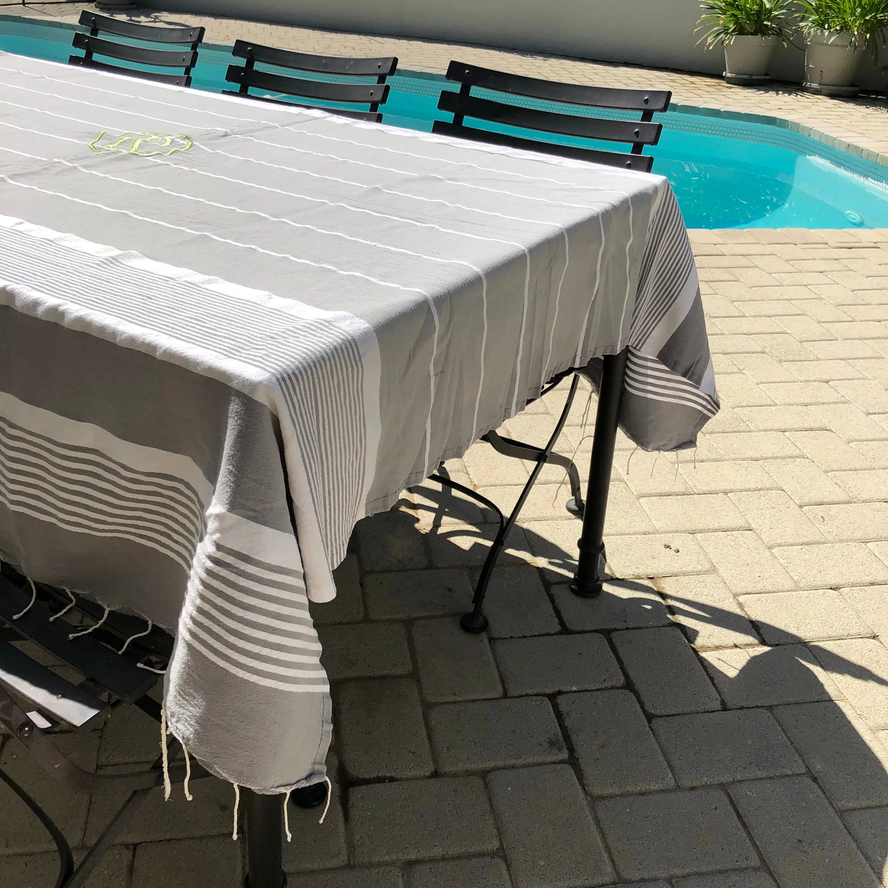 Monogram striped fringe tablecloth