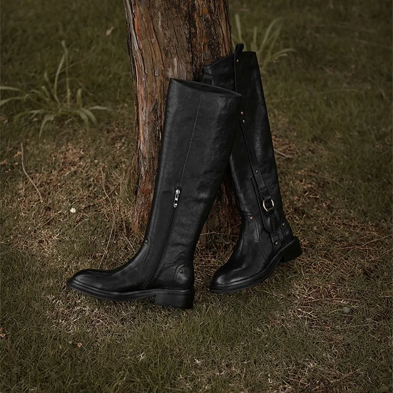 Riding Boots for Women In Black Leather Round Toe- Belt Embellished Knee High Boots With Large Tube