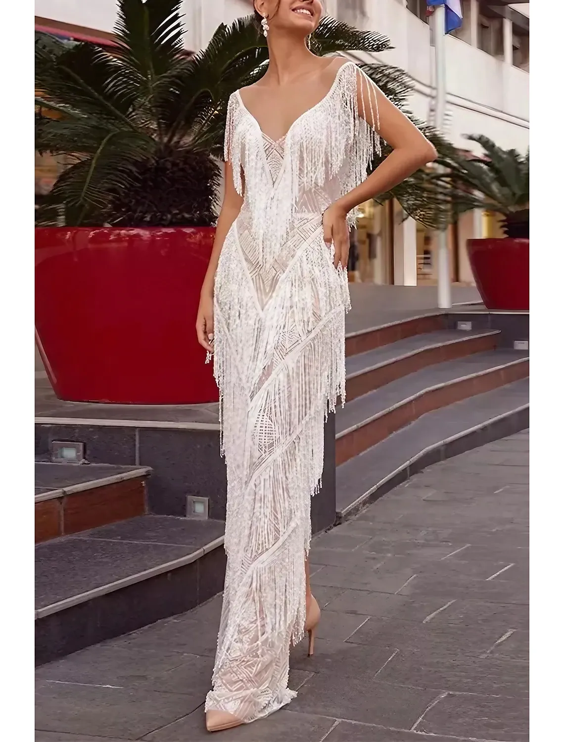 Women's Sequin Dress Fringe Dress Prom Dress Party Dress Sparkly Dress Cocktail Dress Long Dress Maxi Dress White Sleeveless Tassel Spring Fall V Neck Fashion Evening Wedding Guest