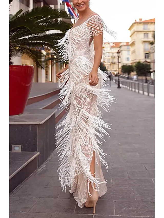 Women's Sequin Dress Fringe Dress Prom Dress Party Dress Sparkly Dress Cocktail Dress Long Dress Maxi Dress White Sleeveless Tassel Spring Fall V Neck Fashion Evening Wedding Guest