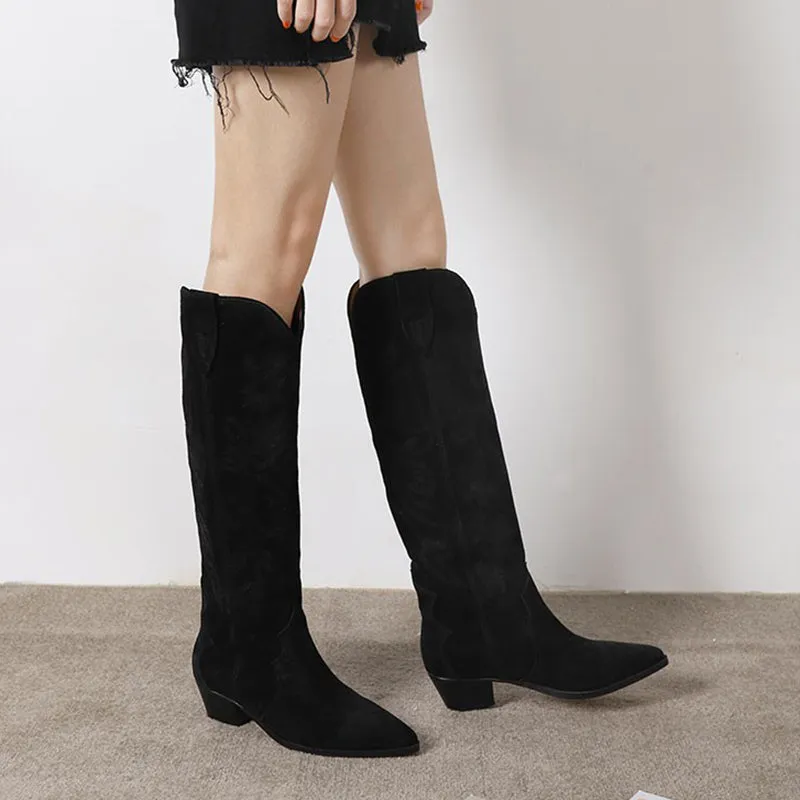 Womens Western Embroidered Knee High Boots Block Heel - Suede Black/Khaki/Grey Cowgirl Boots All Genuine Leather